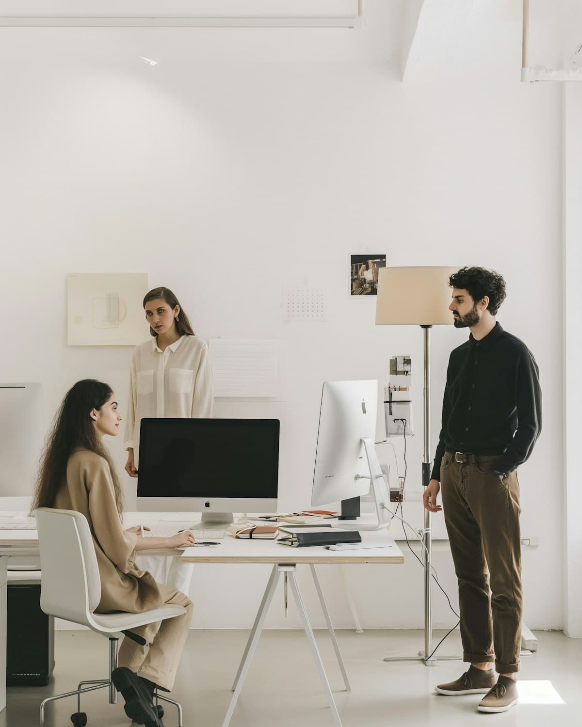Três colegas conversando ao redor de uma mesa com computadores em um escritório claro