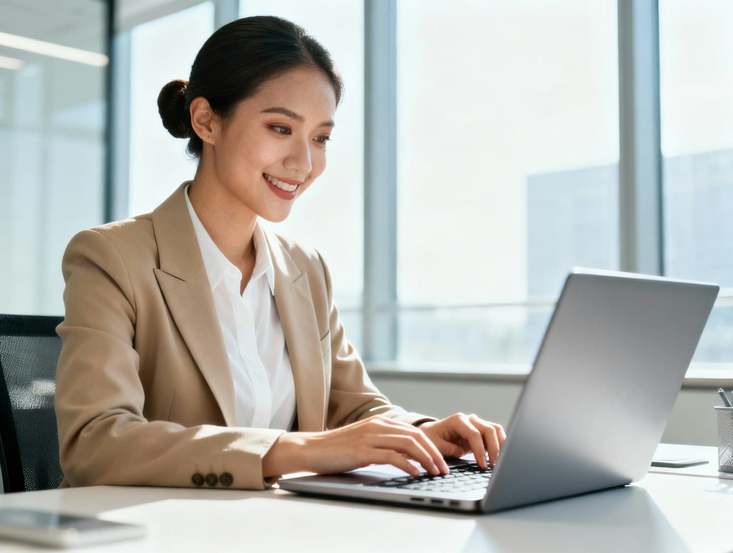 Mulher de blazer bege digitando no notebook em um escritório claro